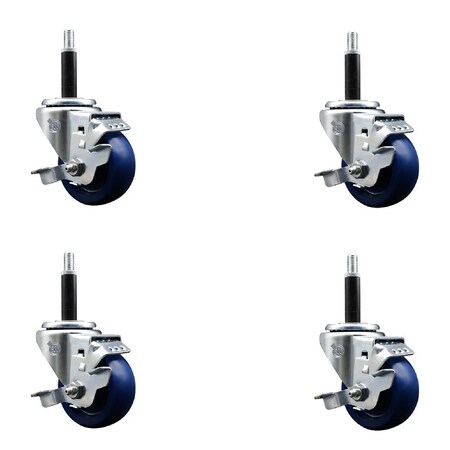 Service Caster 3'' SS Solid Poly Swivel 3/4'' Expanding Stem Caster Set with Brake, 4PK SCC-SSEX20S314-SPUS-TLB-34-4